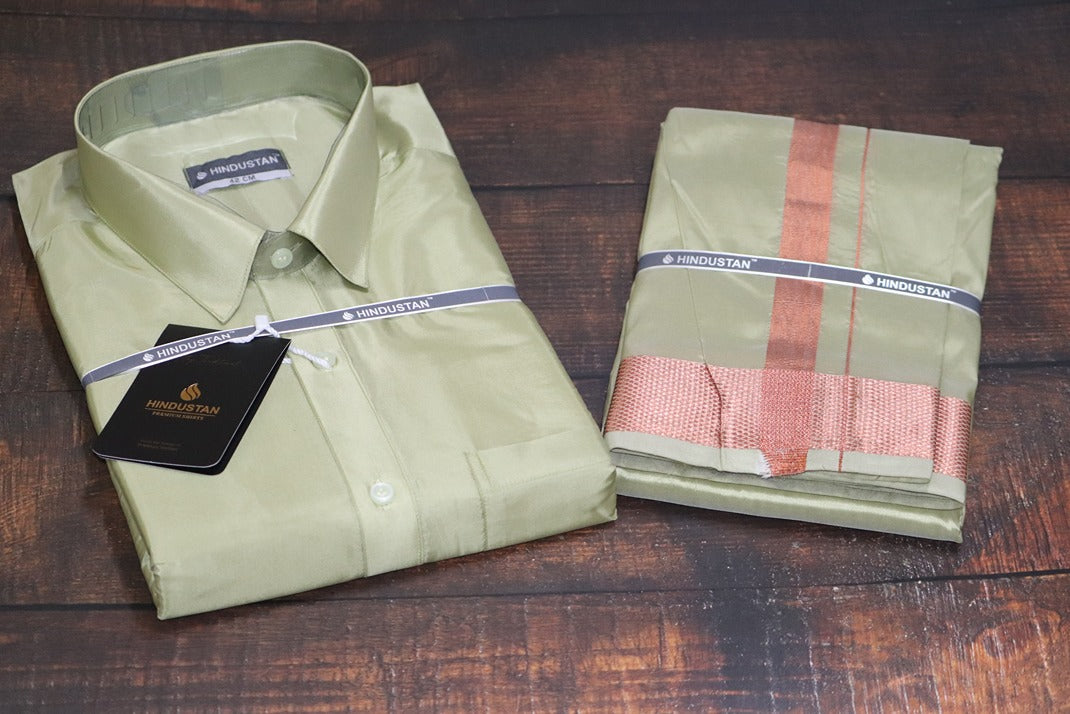 Artsilk River Green Shirt + Green Dhoti with 100k Copper Dhoti