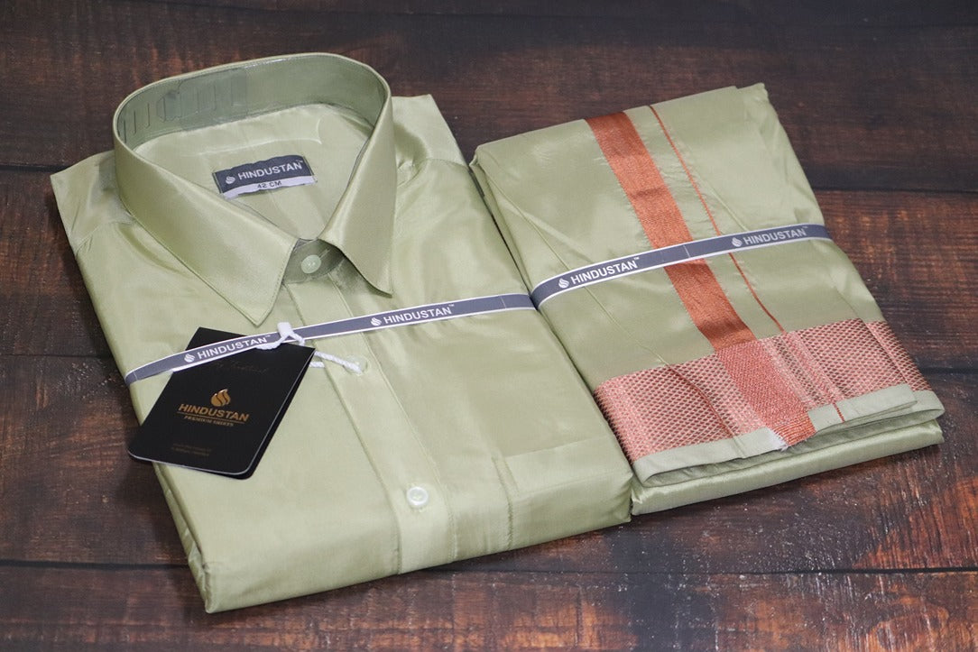 Artsilk River Green Shirt + Green Dhoti with 100k Copper Dhoti
