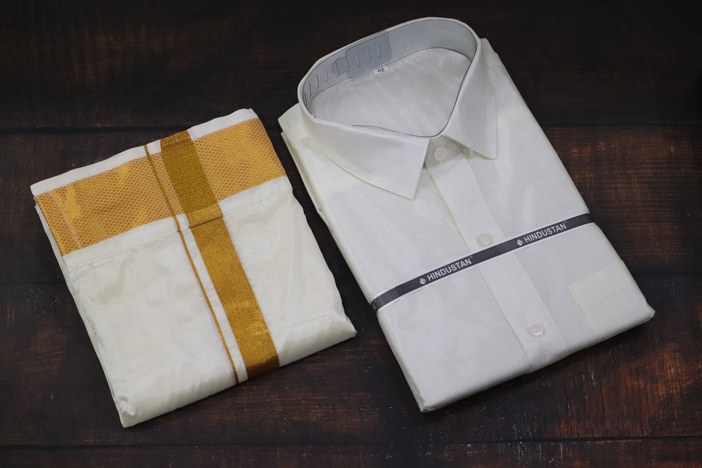 Artsilk Cream Shirt + Dhoti with 100k Gold Border Matching Set