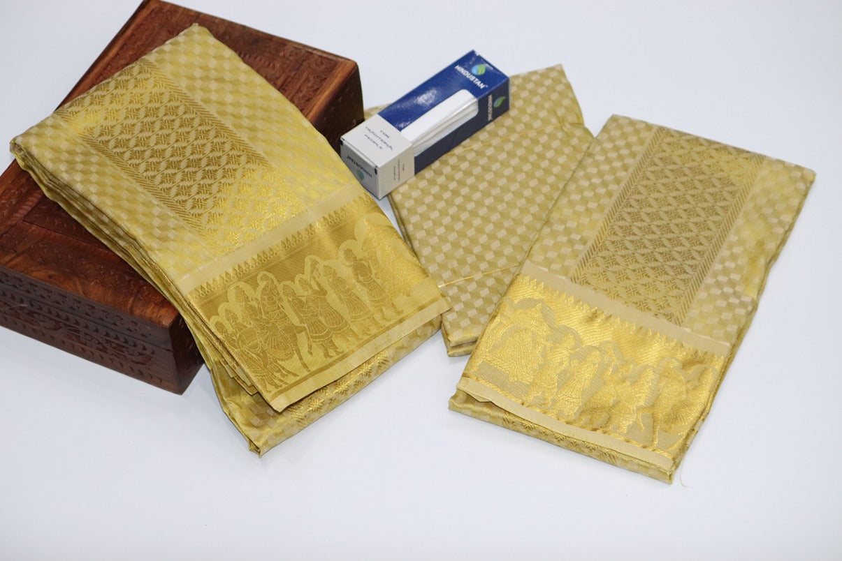 Aryan Silk Mix Ancient Metallic Gold Shirt Material+Dhoti Set (MANNAN EDITION)