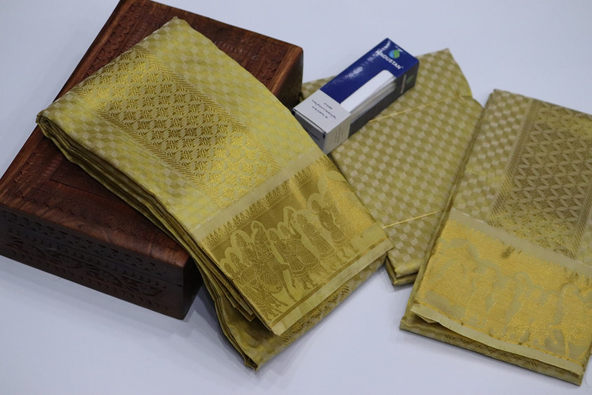 Aryan Silk Mix Ancient Metallic Gold Shirt Material+Dhoti Set (MANNAN EDITION)
