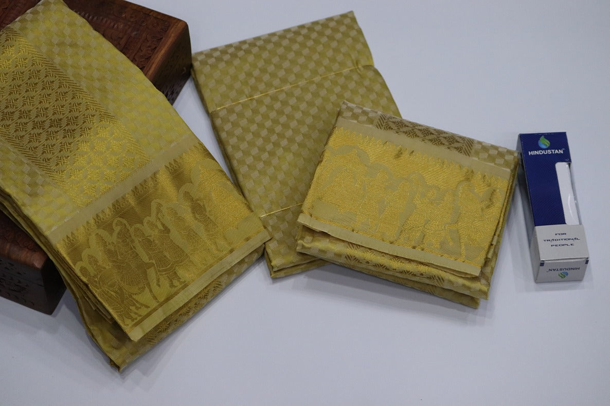 Aryan Silk Mix Ancient Metallic Gold Shirt Material+Dhoti Set (MANNAN EDITION)