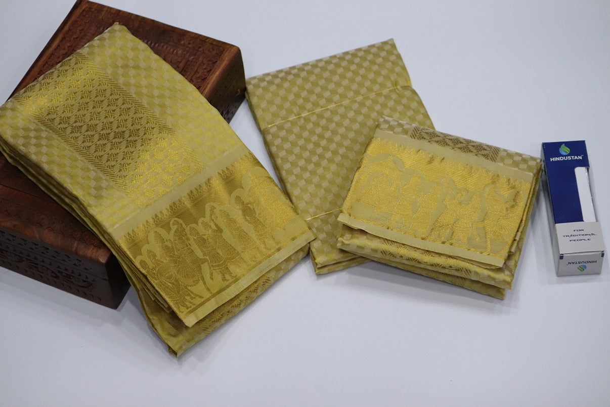 Aryan Silk Mix Ancient Metallic Gold Shirt Material+Dhoti Set (MANNAN EDITION)