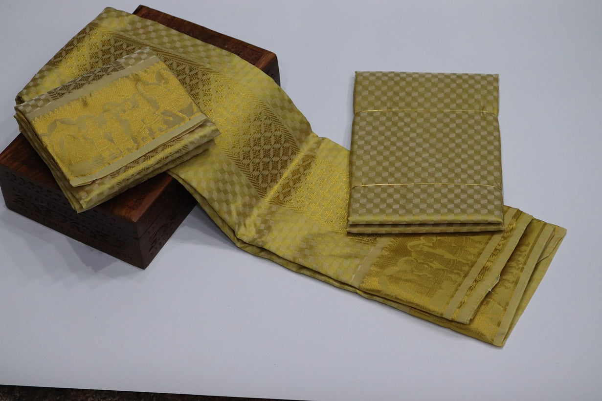 Aryan Silk Mix Ancient Metallic Gold Shirt Material+Dhoti Set (MANNAN EDITION)
