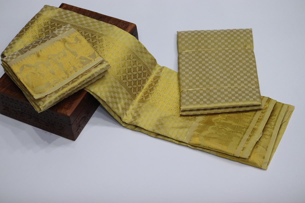 Aryan Silk Mix Ancient Metallic Gold Shirt Material+Dhoti Set (MANNAN EDITION)