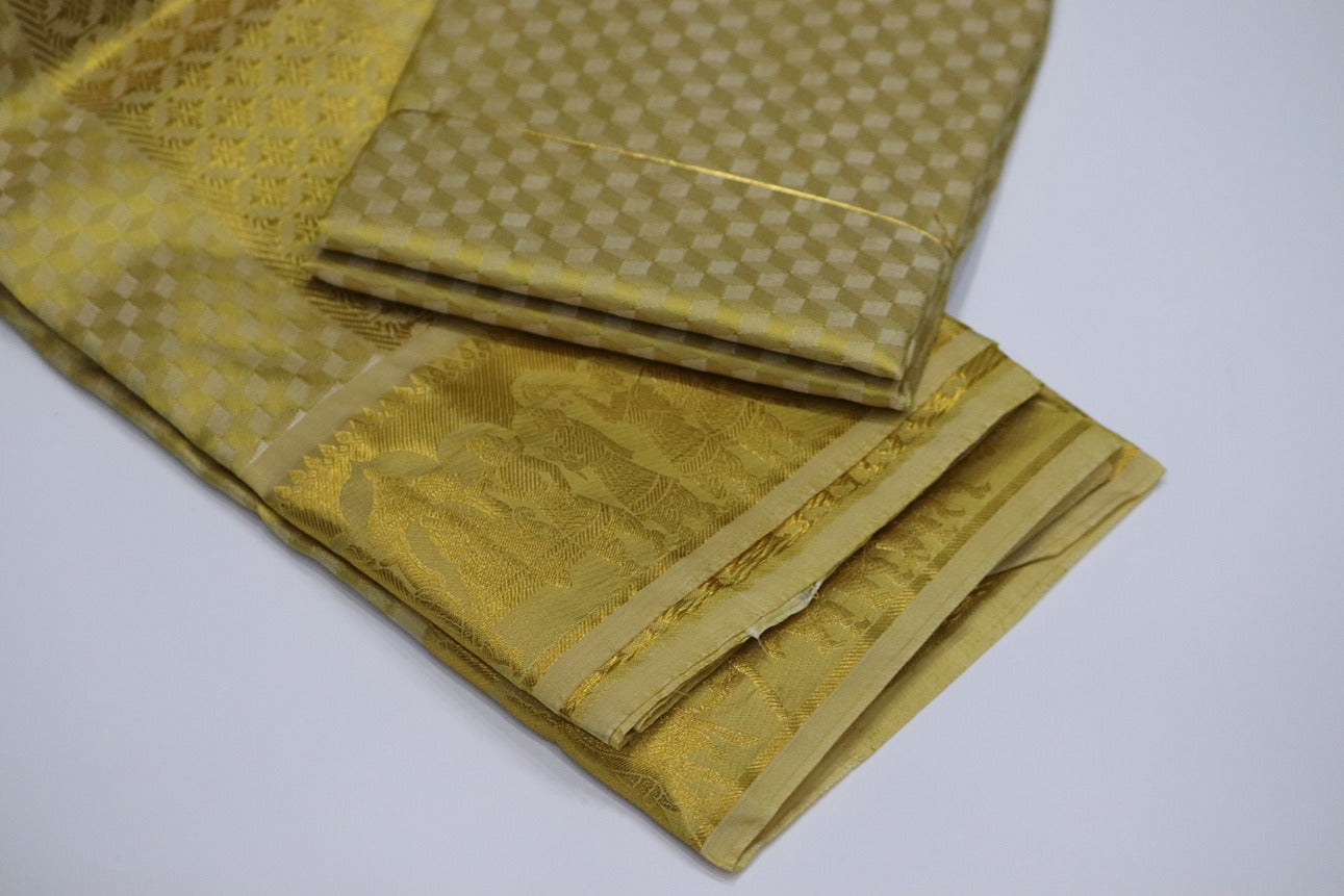 Aryan Silk Mix Ancient Metallic Gold Shirt Material+Dhoti Set (MANNAN EDITION)