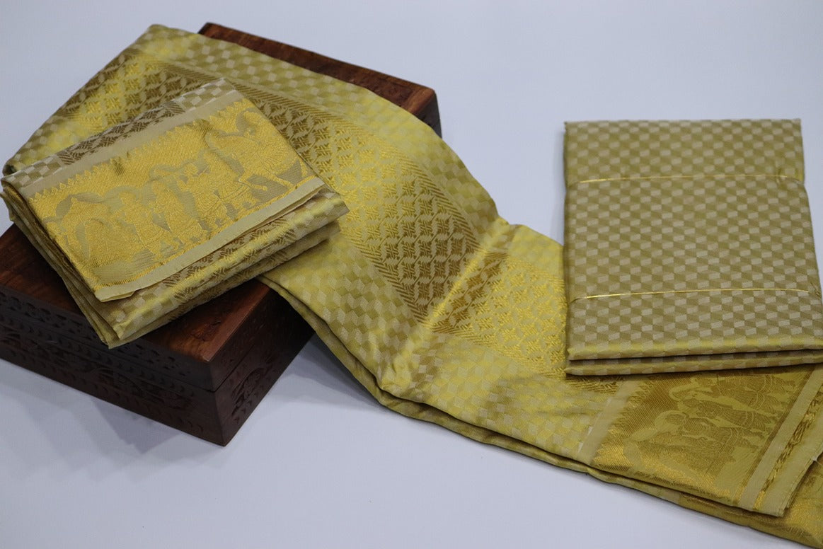 Aryan Silk Mix Ancient Metallic Gold Shirt Material+Dhoti Set (MANNAN EDITION)