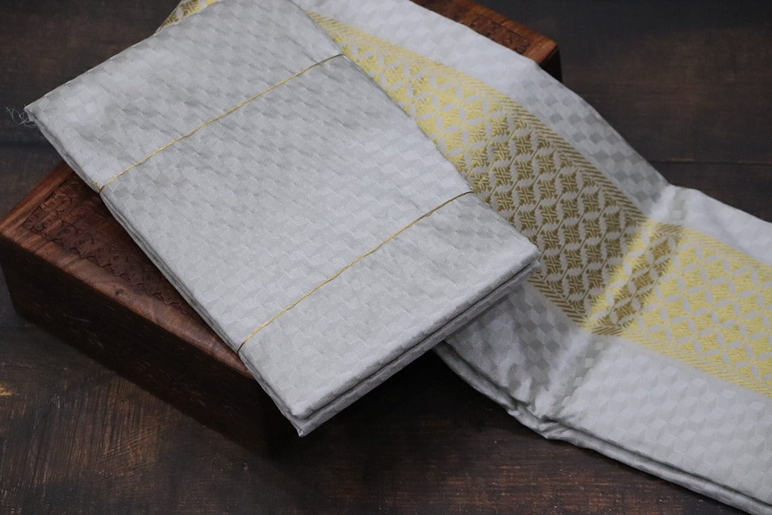 Aryan Silk Mix Ancient Metallic Silver Shirt Material+Dhoti Combo Set (ARULMOZHI EDITION)