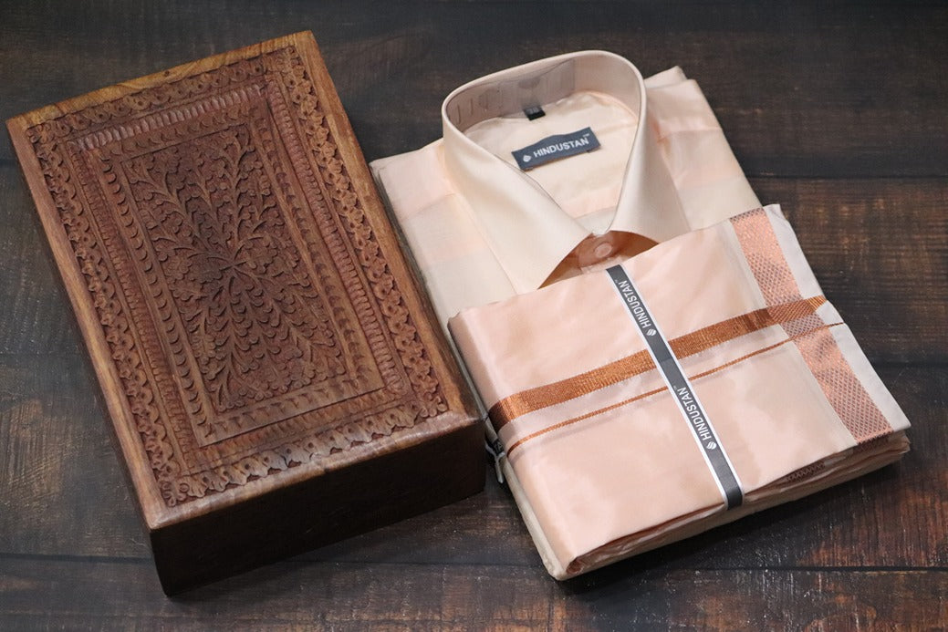 Artsilk Coral Shirt + Dhoti with 50k Copper Border Set - Full Sleeve