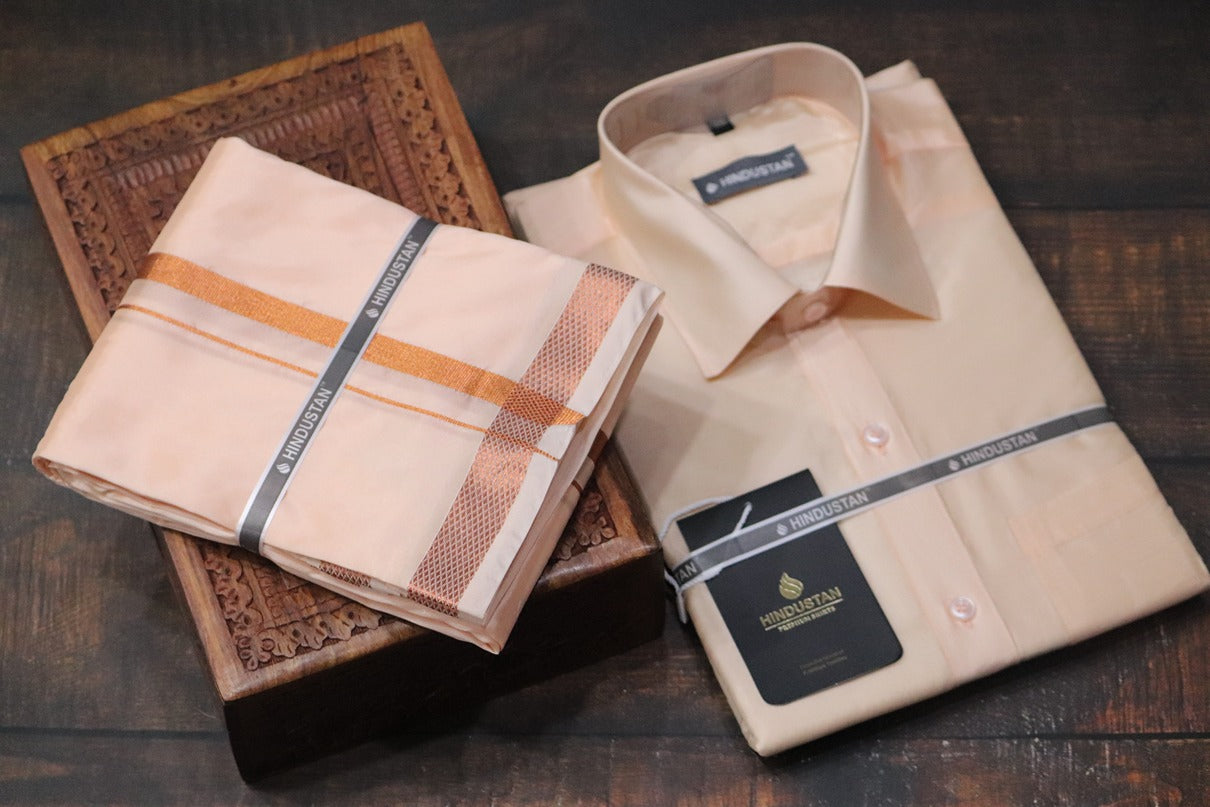 Artsilk Coral Shirt + Dhoti with 50k Copper Border Set - Full Sleeve
