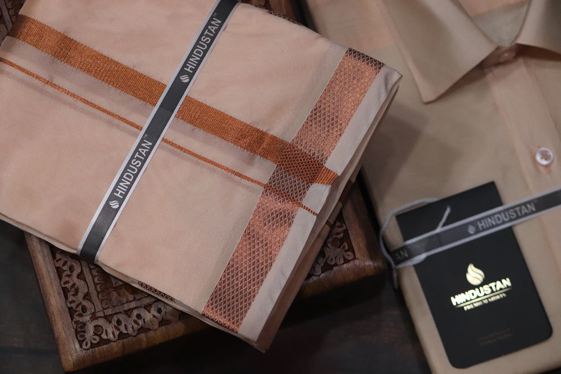 Artsilk Coral Shirt + Dhoti with 50k Copper Border Set - Full Sleeve