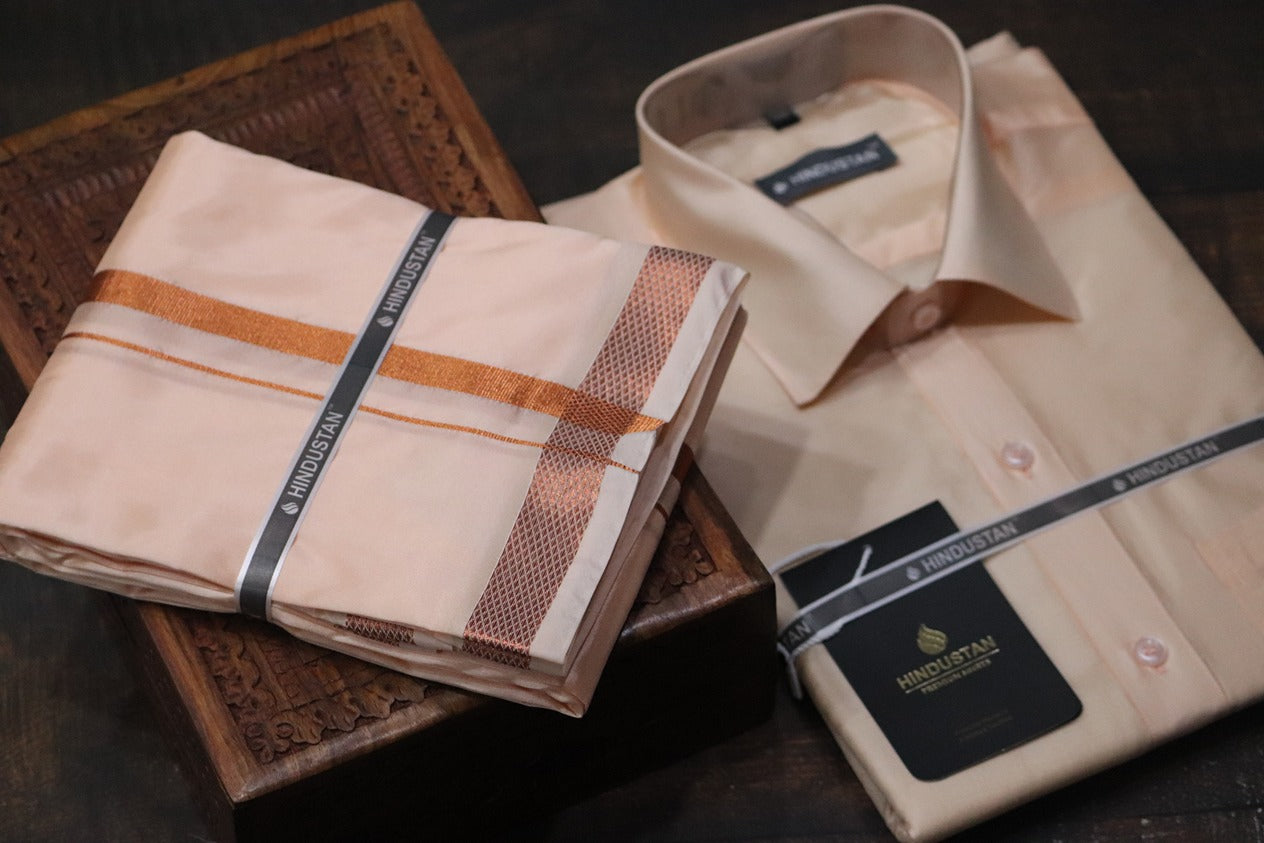 Artsilk Coral Shirt + Dhoti with 50k Copper Border Set - Full Sleeve