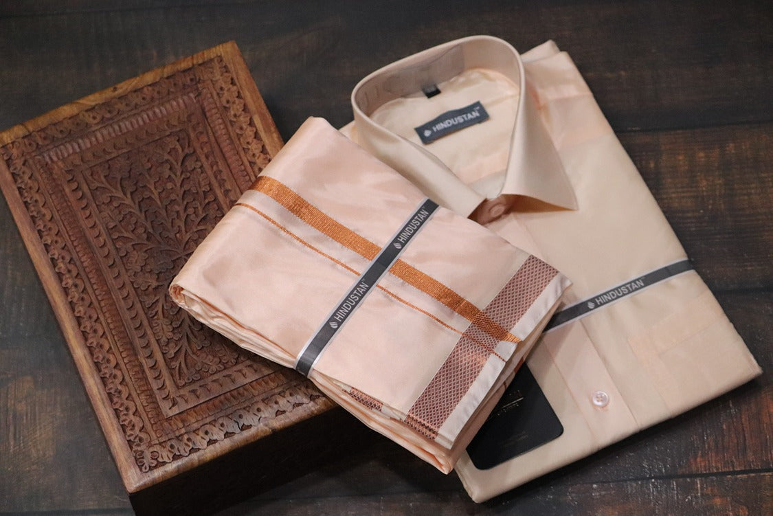 Artsilk Coral Shirt + Dhoti with 50k Copper Border Set - Full Sleeve