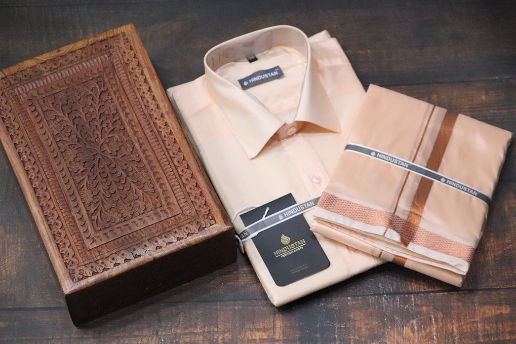 Artsilk Coral Shirt + Dhoti with 50k Copper Border Set - Full Sleeve