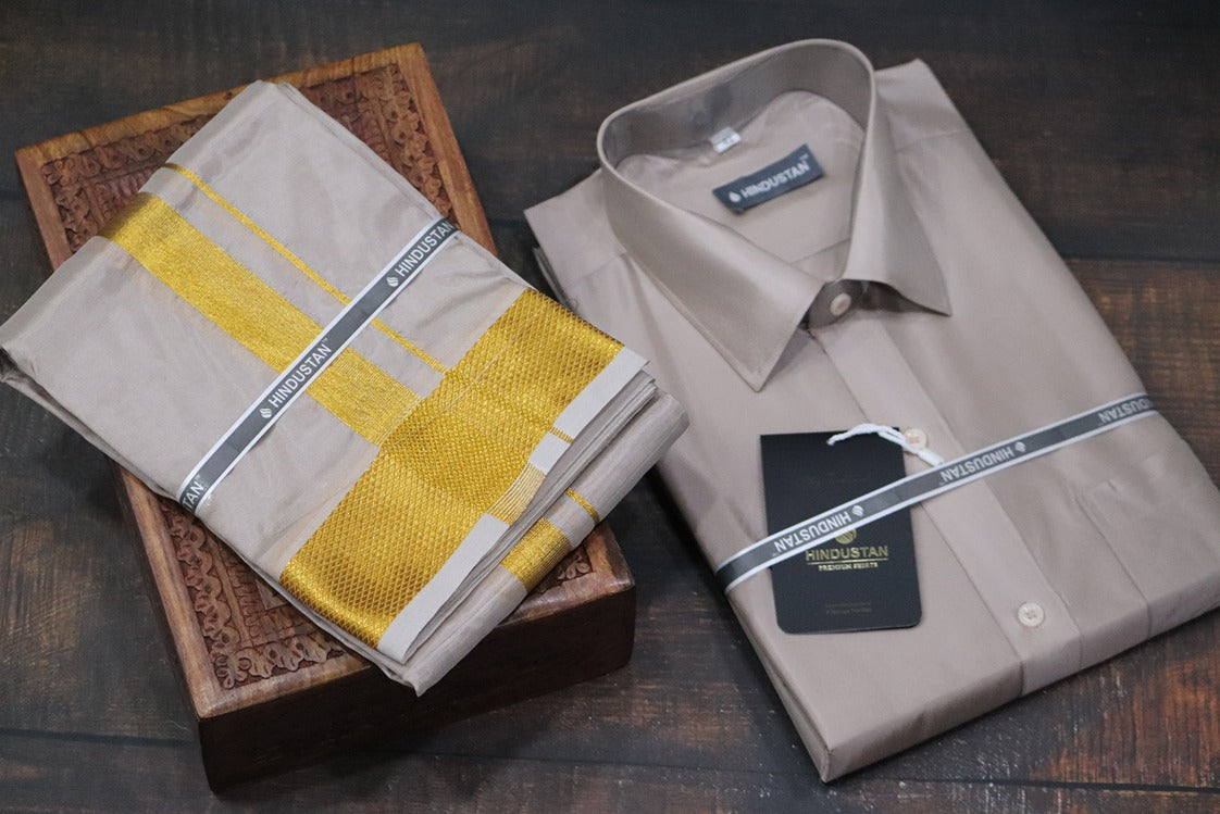Artsilk Sandstone Shirt + Dhoti with 100k Gold Border Set - Full Sleeve