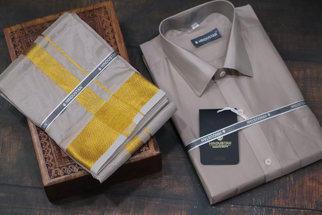 Artsilk Sandstone Shirt + Dhoti with 100k Gold Border Set - Full Sleeve