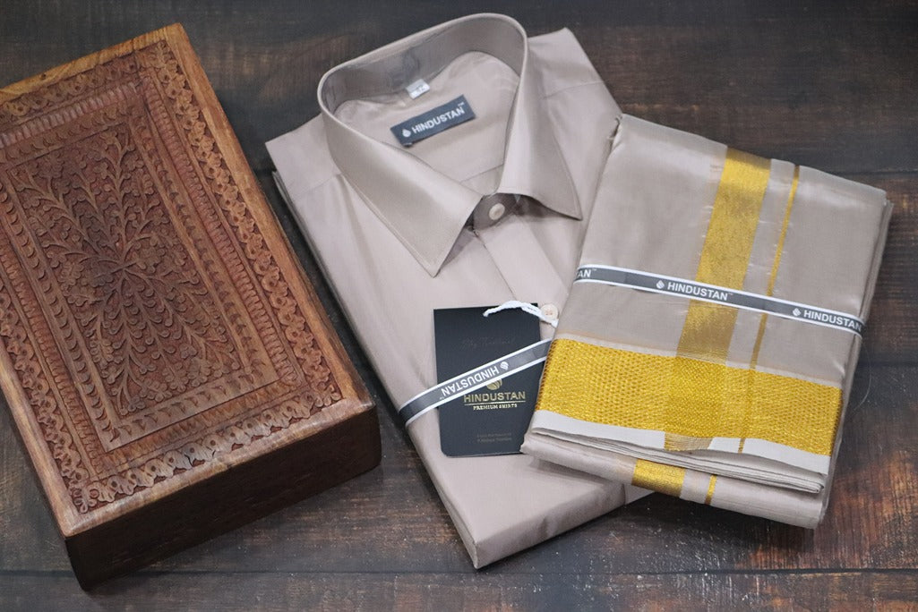 Artsilk Sandstone Shirt + Dhoti with 100k Gold Border Set - Full Sleeve