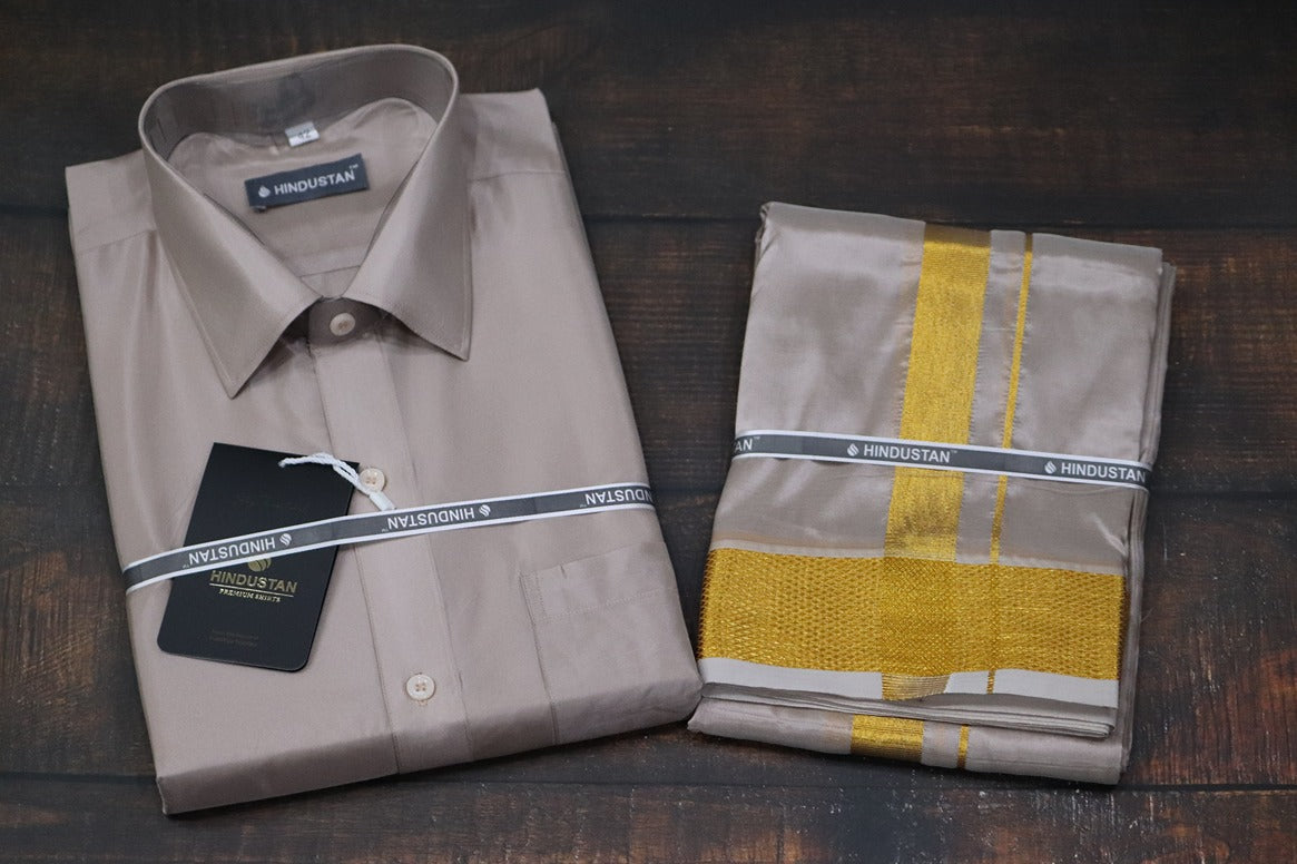 Artsilk Sandstone Shirt + Dhoti with 100k Gold Border Set - Full Sleeve