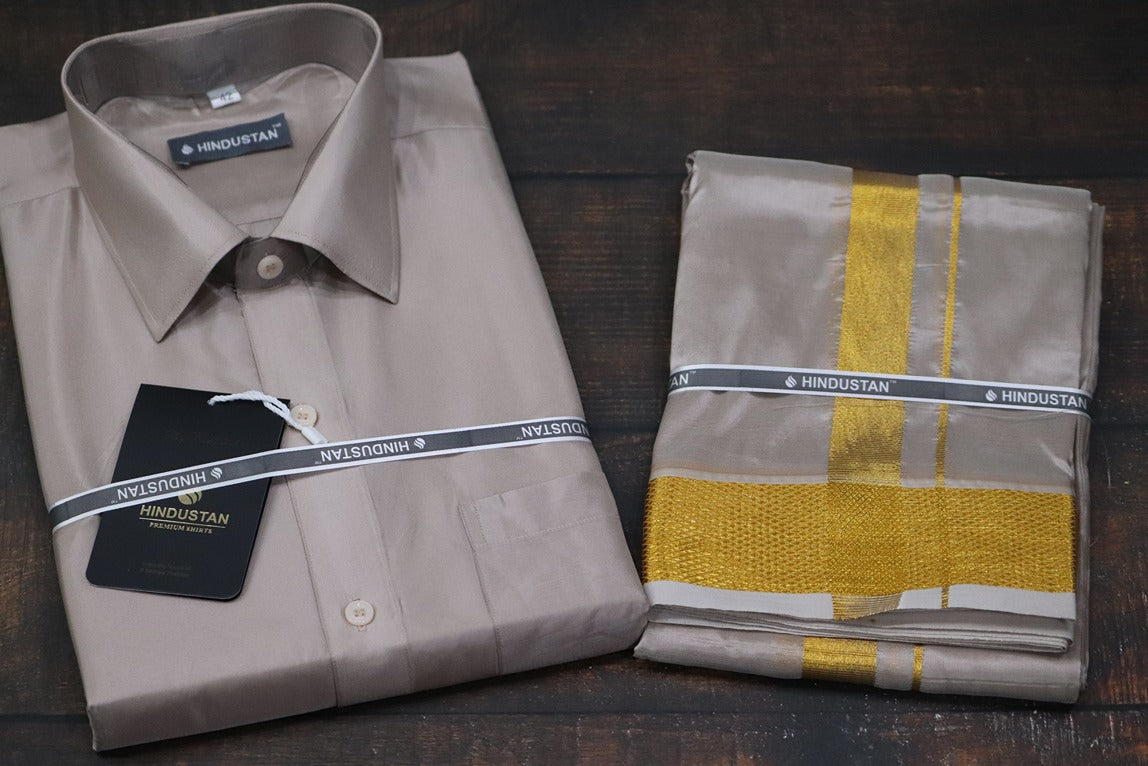 Artsilk Sandstone Shirt + Dhoti with 100k Gold Border Set - Full Sleeve