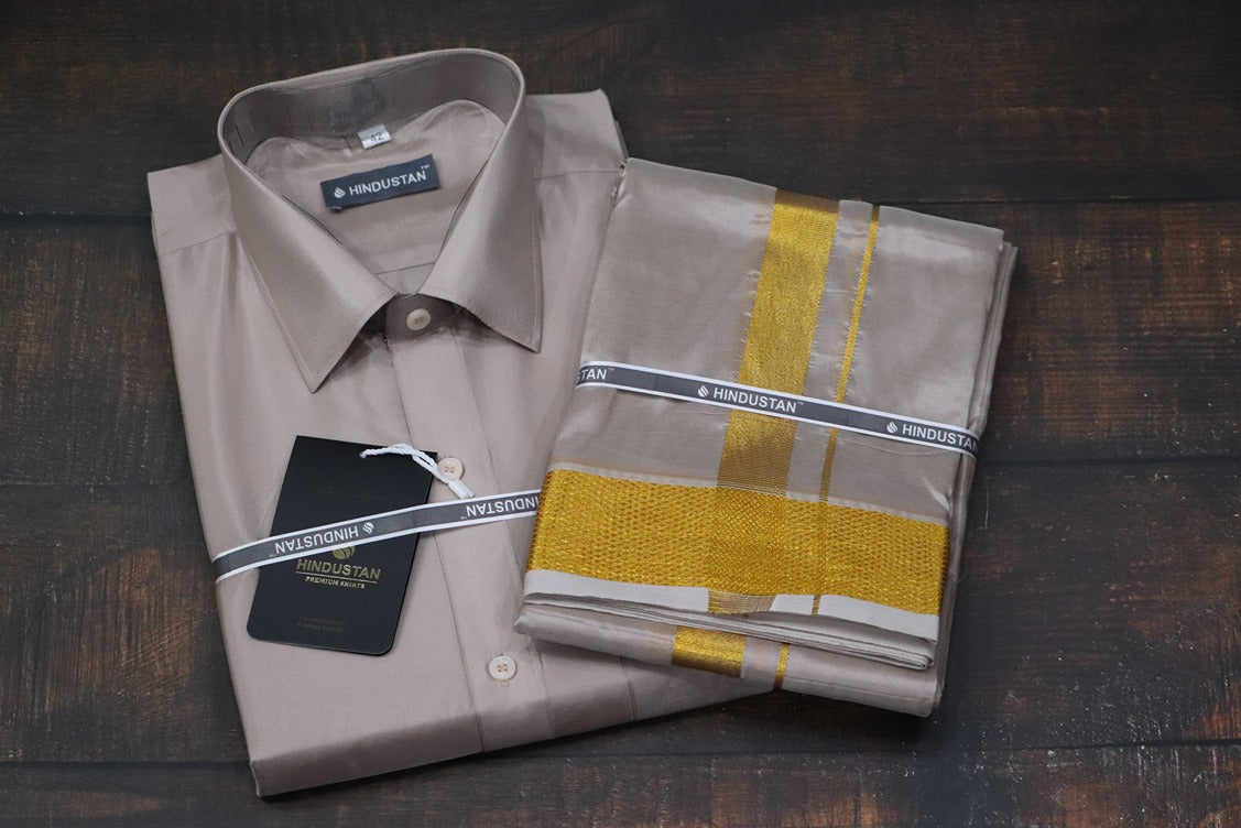 Artsilk Sandstone Shirt + Dhoti with 100k Gold Border Set - Full Sleeve