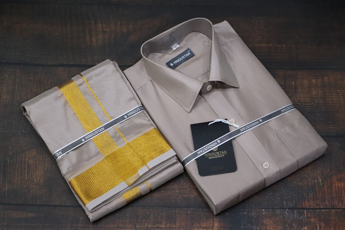 Artsilk Sandstone Shirt + Dhoti with 100k Gold Border Set - Full Sleeve