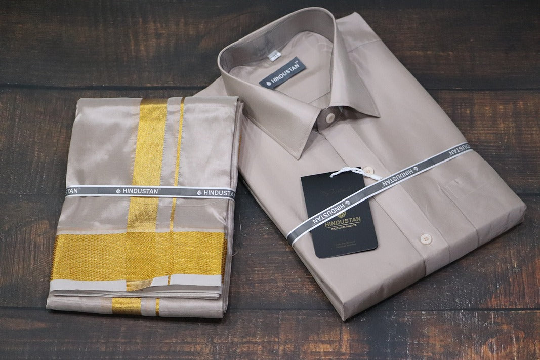 Artsilk Sandstone Shirt + Dhoti with 100k Gold Border Set - Full Sleeve