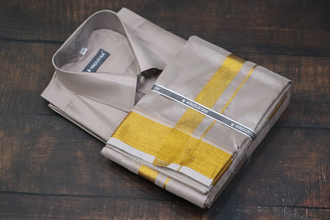 Artsilk Sandstone Shirt + Dhoti with 100k Gold Border Set - Full Sleeve