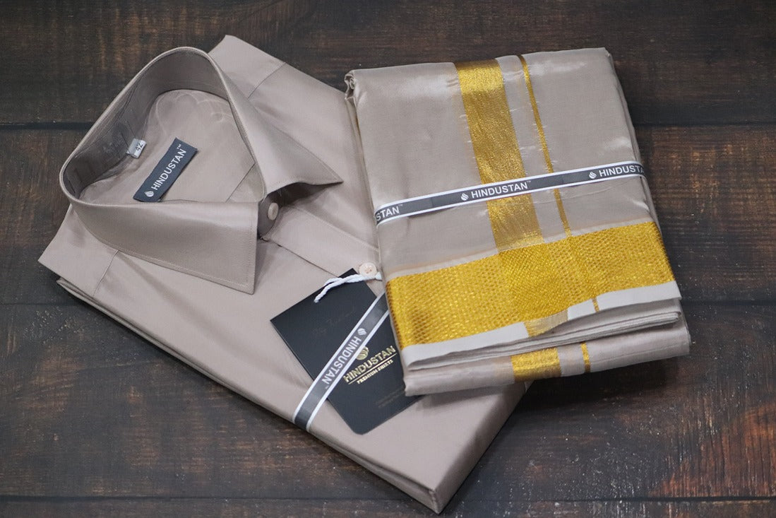 Artsilk Sandstone Shirt + Dhoti with 100k Gold Border Set - Full Sleeve
