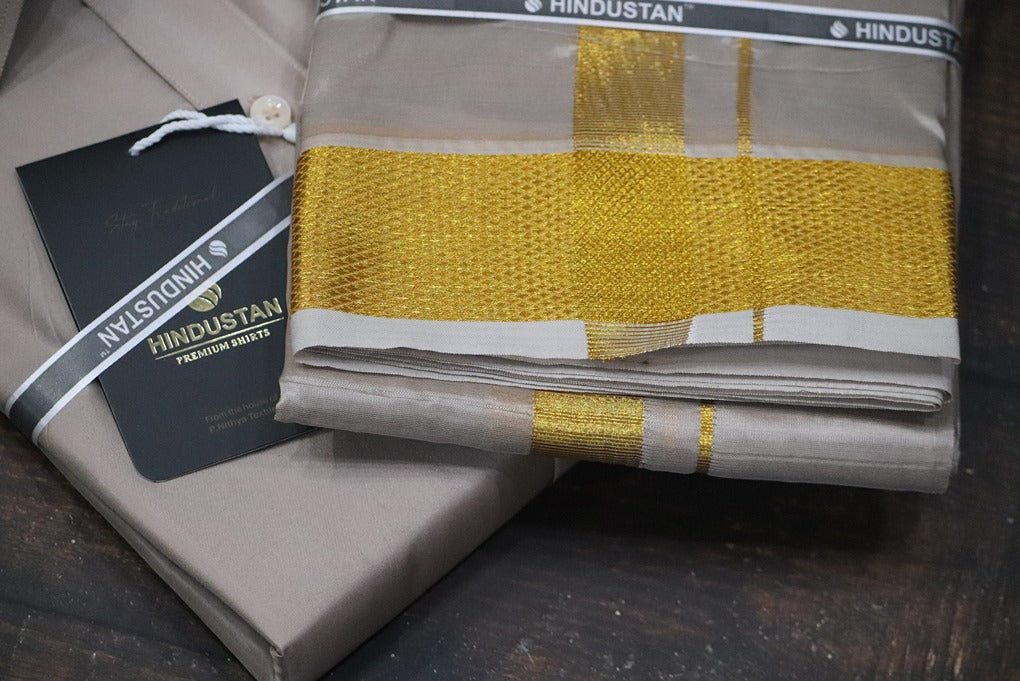 Artsilk Sandstone Shirt + Dhoti with 100k Gold Border Set - Full Sleeve