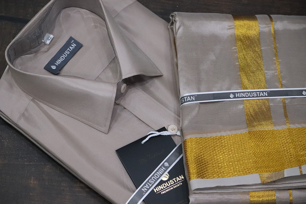 Artsilk Sandstone Shirt + Dhoti with 100k Gold Border Set - Full Sleeve