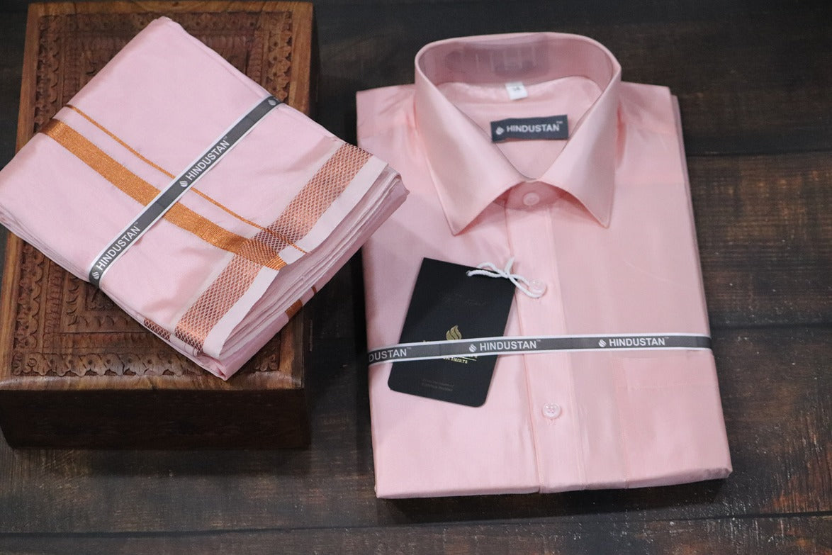 Artsilk Neon Pink Shirt + Dhoti with 50k Copper Border Set - Full Sleeve