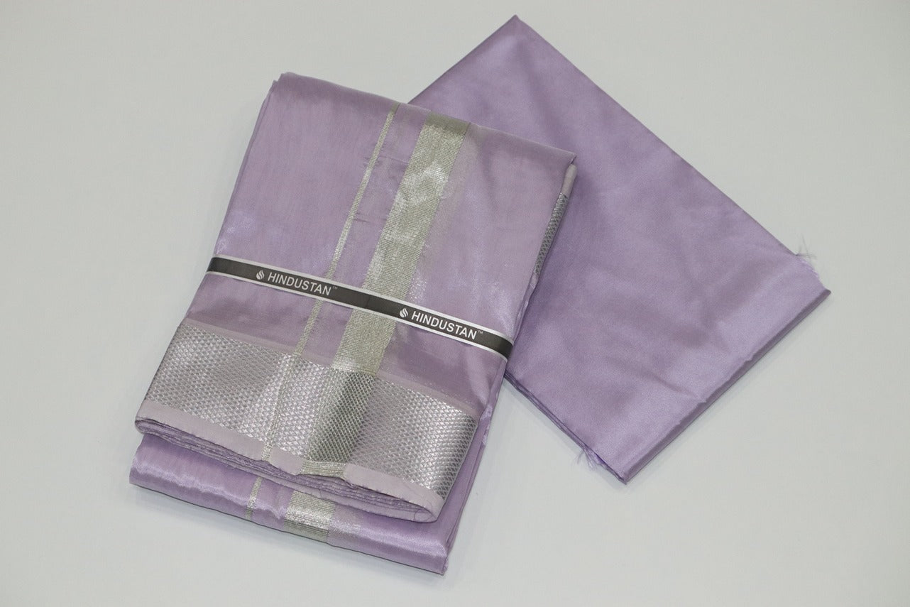Artsilk Ultra Violet Shirt Material + Dhoti with 100k Silver Border Set