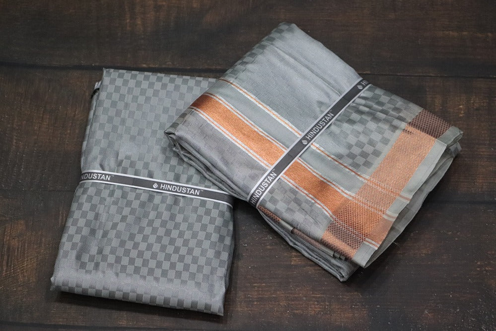 Artsilk Checked Design Steel Grey Set (Shirt Material+Dhoti) with 80k Copper Border