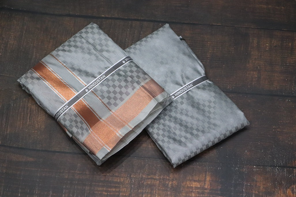 Artsilk Checked Design Steel Grey Set (Shirt Material+Dhoti) with 80k Copper Border