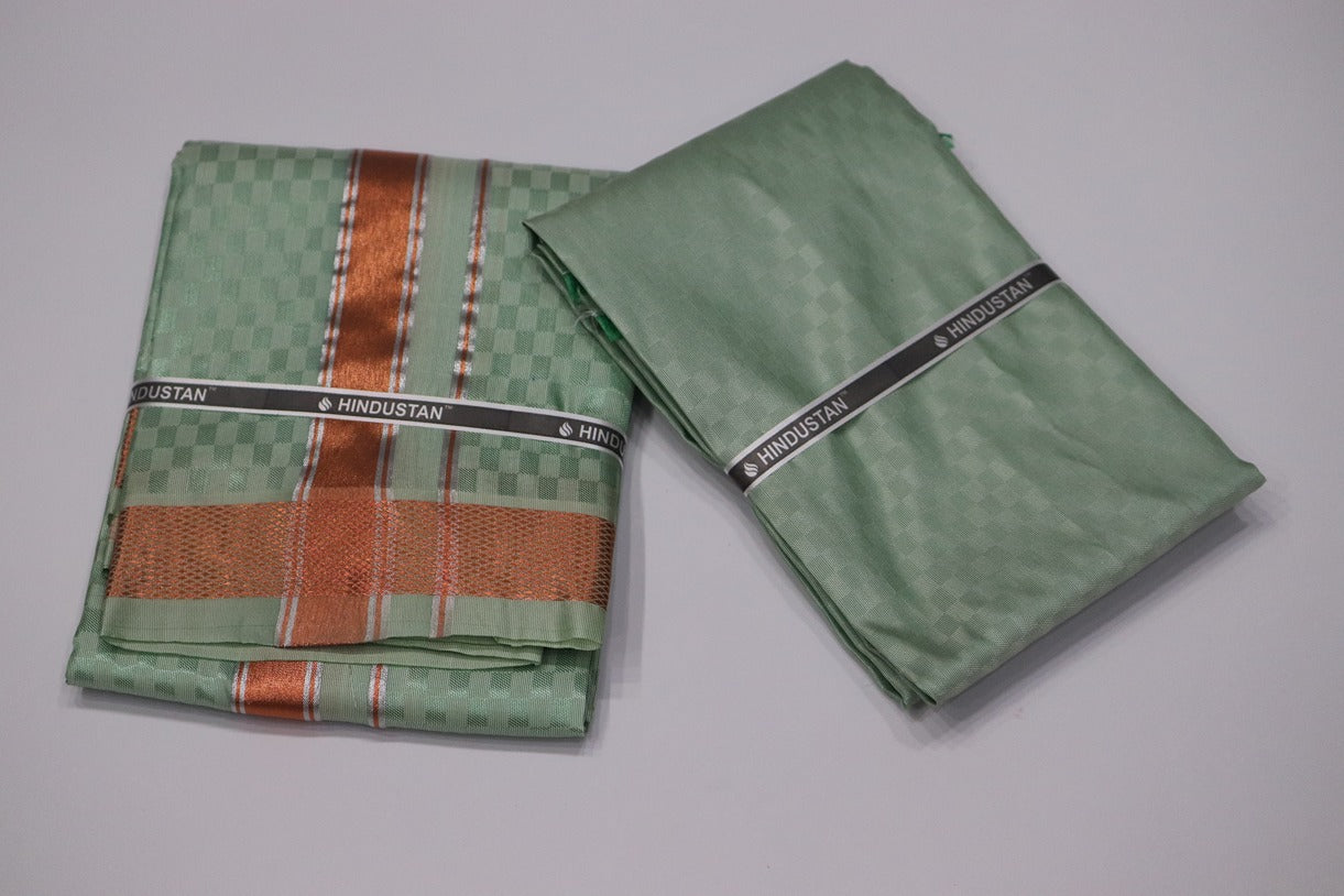 Artsilk Checked Design Mint Green Set (Shirt Material+Dhoti) with 80k Copper Border