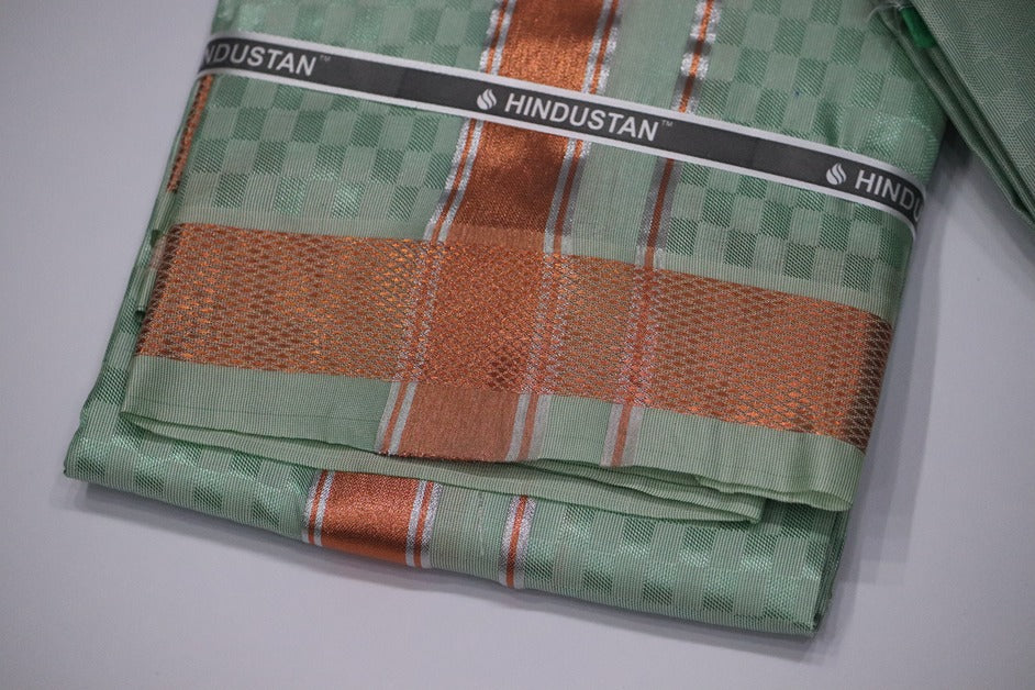 Artsilk Checked Design Mint Green Set (Shirt Material+Dhoti) with 80k Copper Border