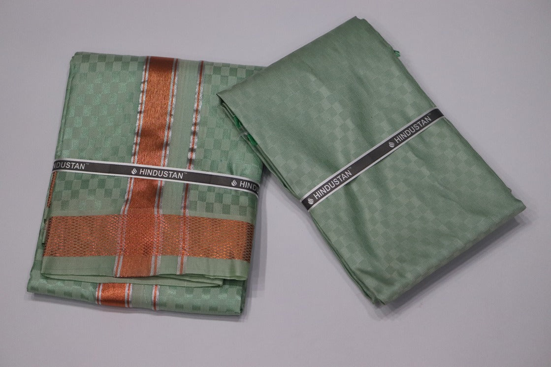 Artsilk Checked Design Mint Green Set (Shirt Material+Dhoti) with 80k Copper Border