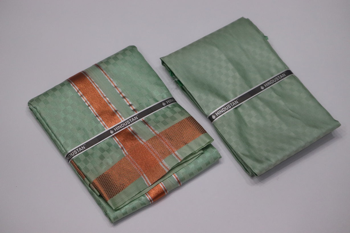 Artsilk Checked Design Mint Green Set (Shirt Material+Dhoti) with 80k Copper Border