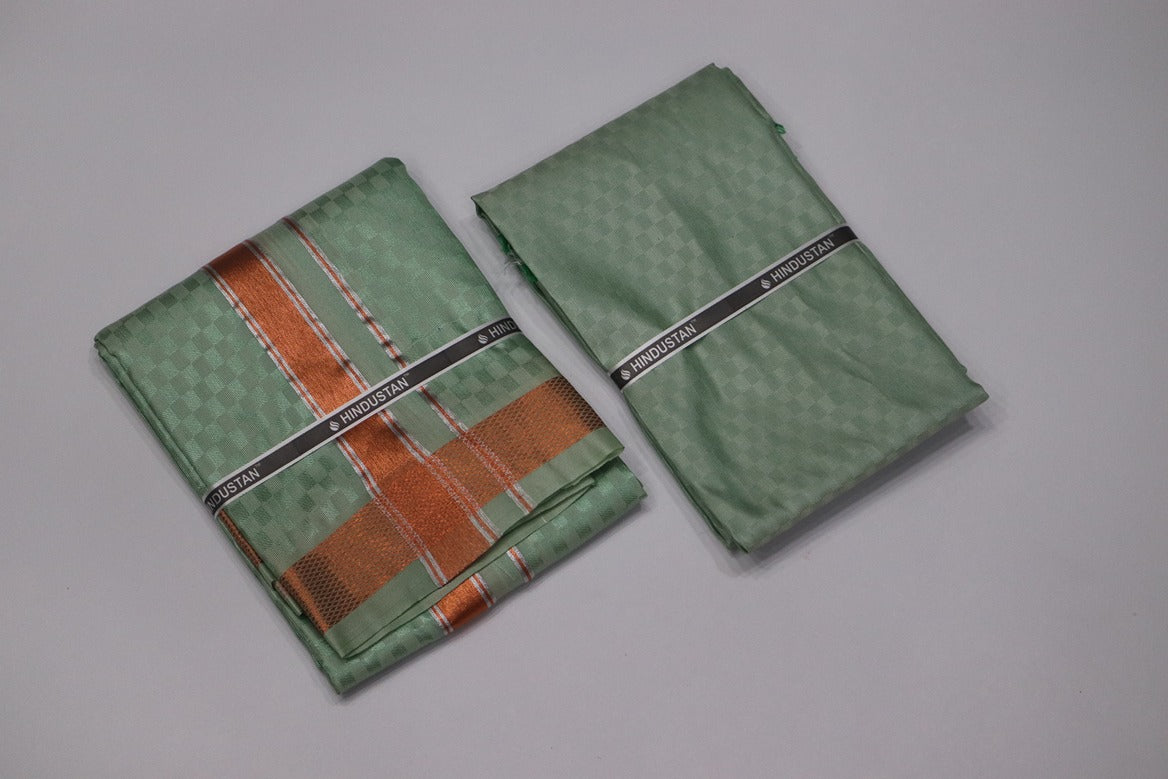 Artsilk Checked Design Mint Green Set (Shirt Material+Dhoti) with 80k Copper Border