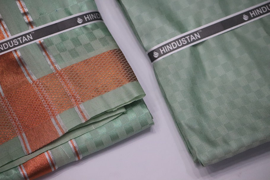 Artsilk Checked Design Mint Green Set (Shirt Material+Dhoti) with 80k Copper Border