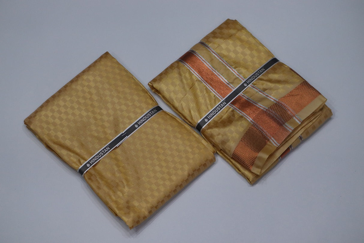 Artsilk Checked Design Harvest Yellow Set (Shirt Material+Dhoti) with 80k Copper Border