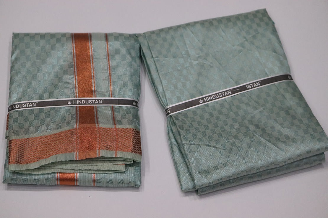 Artsilk Checked Design Mint Blue Set (Shirt Material+Dhoti) with 80k Copper Border