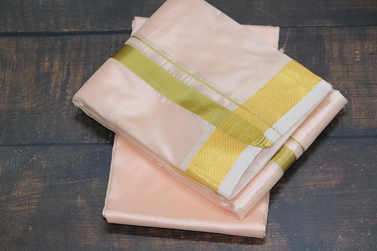 Artsilk Coral Gold Combo Set(Shirt fabrics+Dhoti) with Gold Border