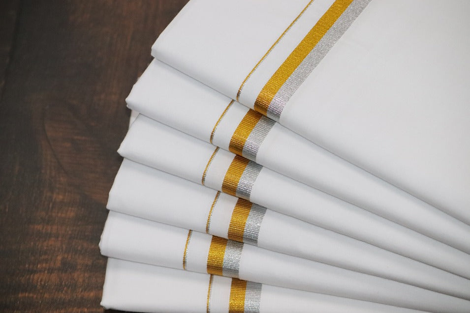 Silver+Gold Border White Dhoti - 2mtr (Half&Half Border)