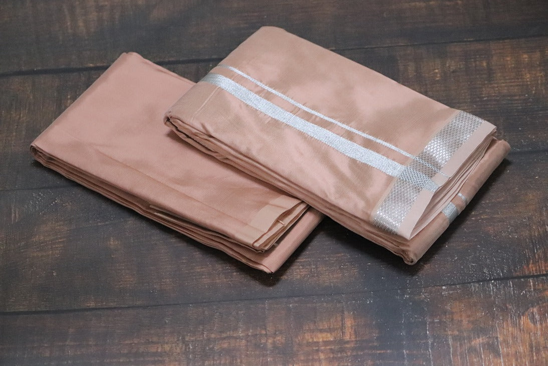 Artsilk Salmon Orange Combo Set (Shirt Fabric+Dhoti) with Silver Border