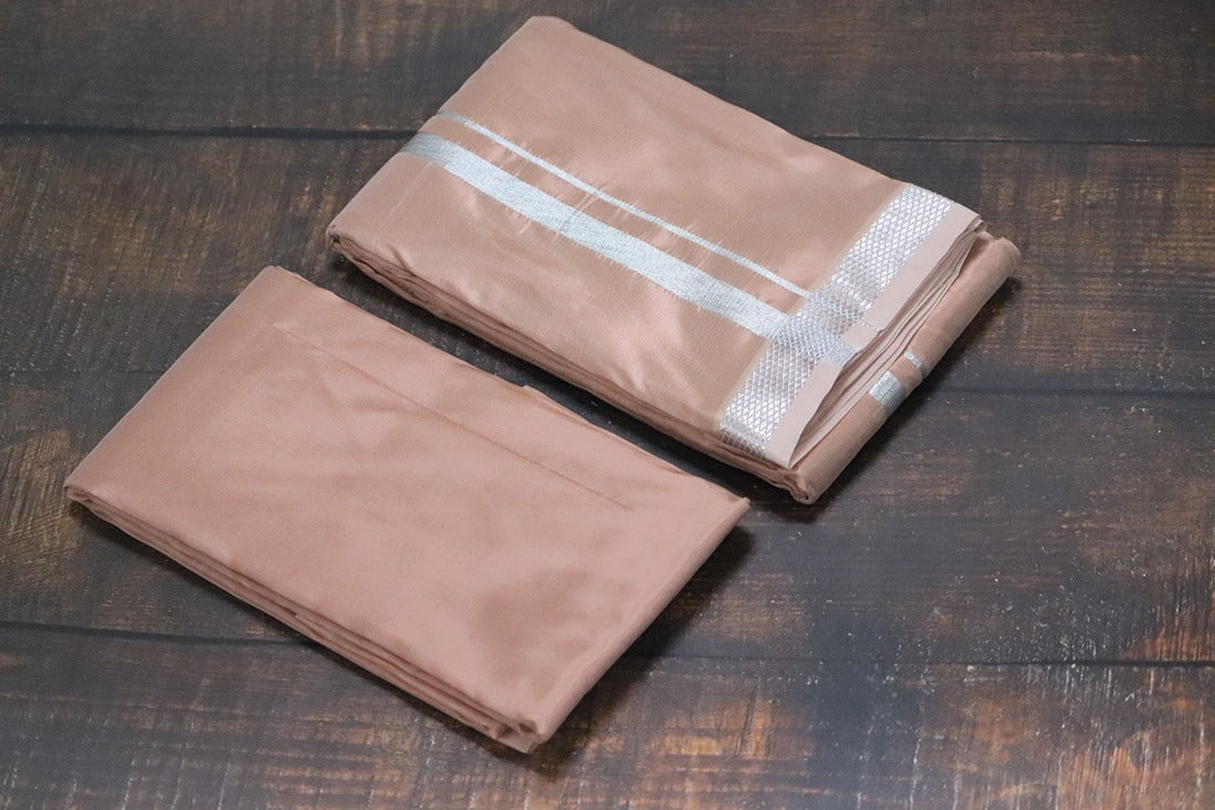Artsilk Salmon Orange Combo Set (Shirt Fabric+Dhoti) with Silver Border