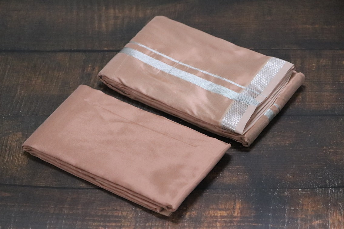 Artsilk Salmon Orange Combo Set (Shirt Fabric+Dhoti) with Silver Border
