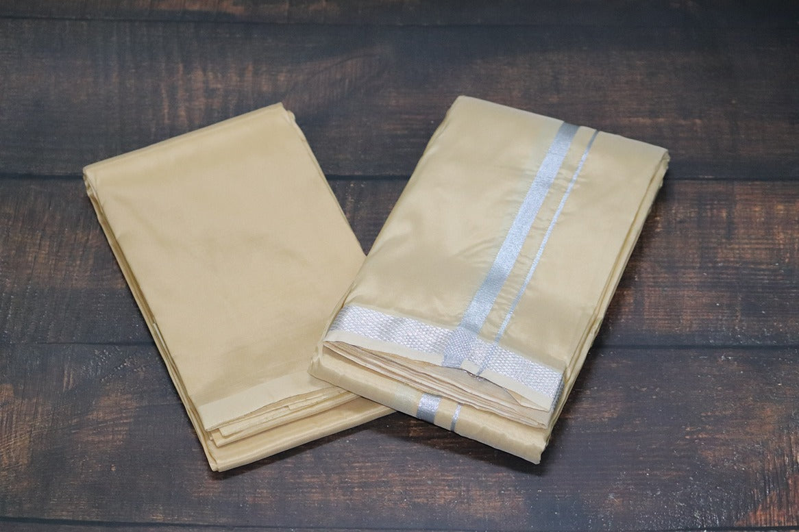Artsilk Sunrise Yellow Combo Set (Shirt fabric+Dhoti) with Silver Border