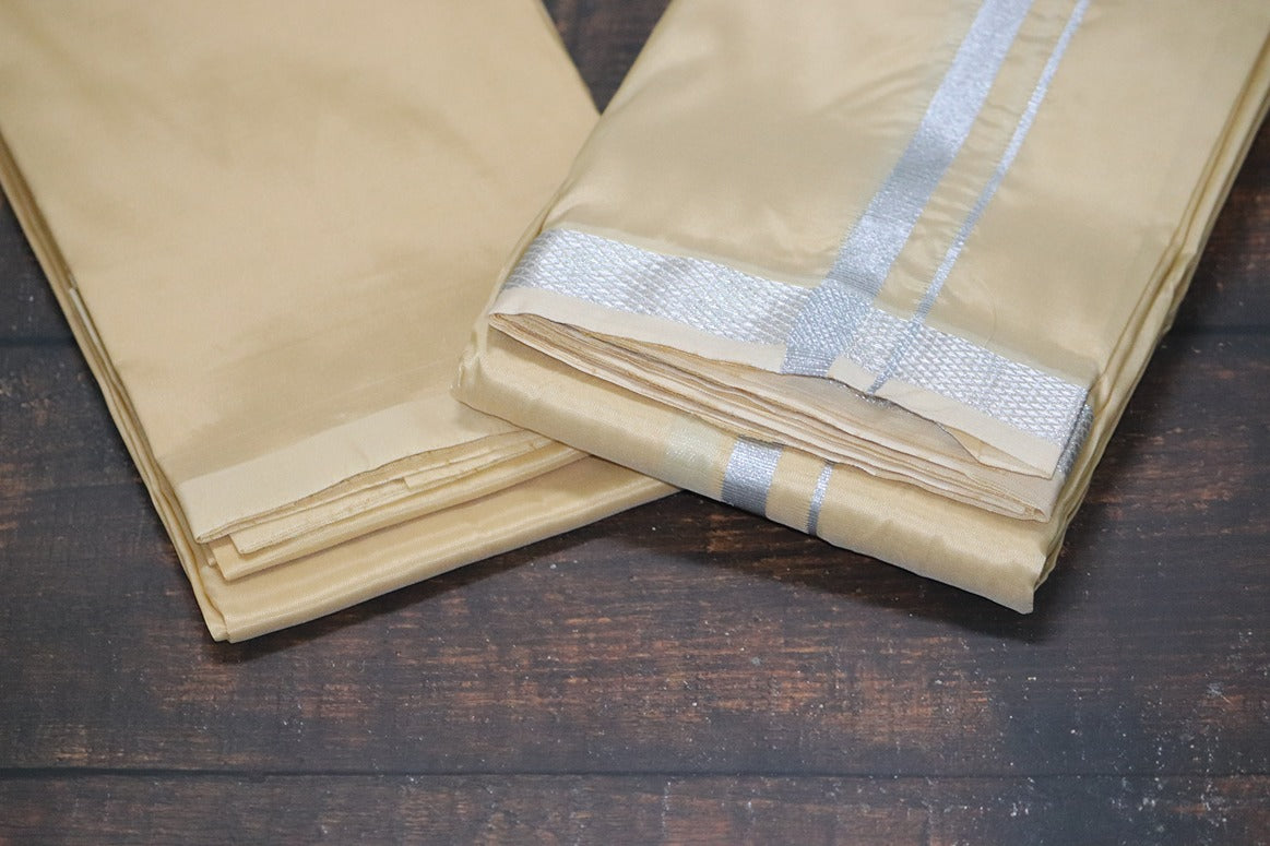 Artsilk Sunrise Yellow Combo Set (Shirt fabric+Dhoti) with Silver Border