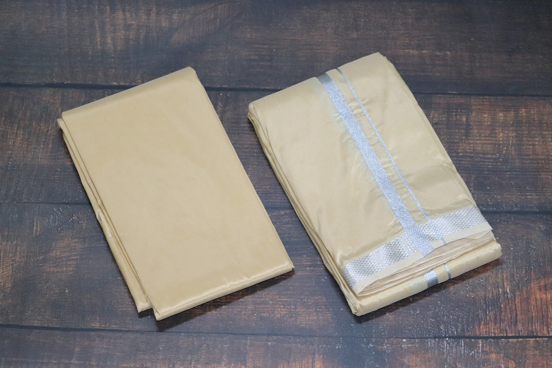 Artsilk Sunrise Yellow Combo Set (Shirt fabric+Dhoti) with Silver Border